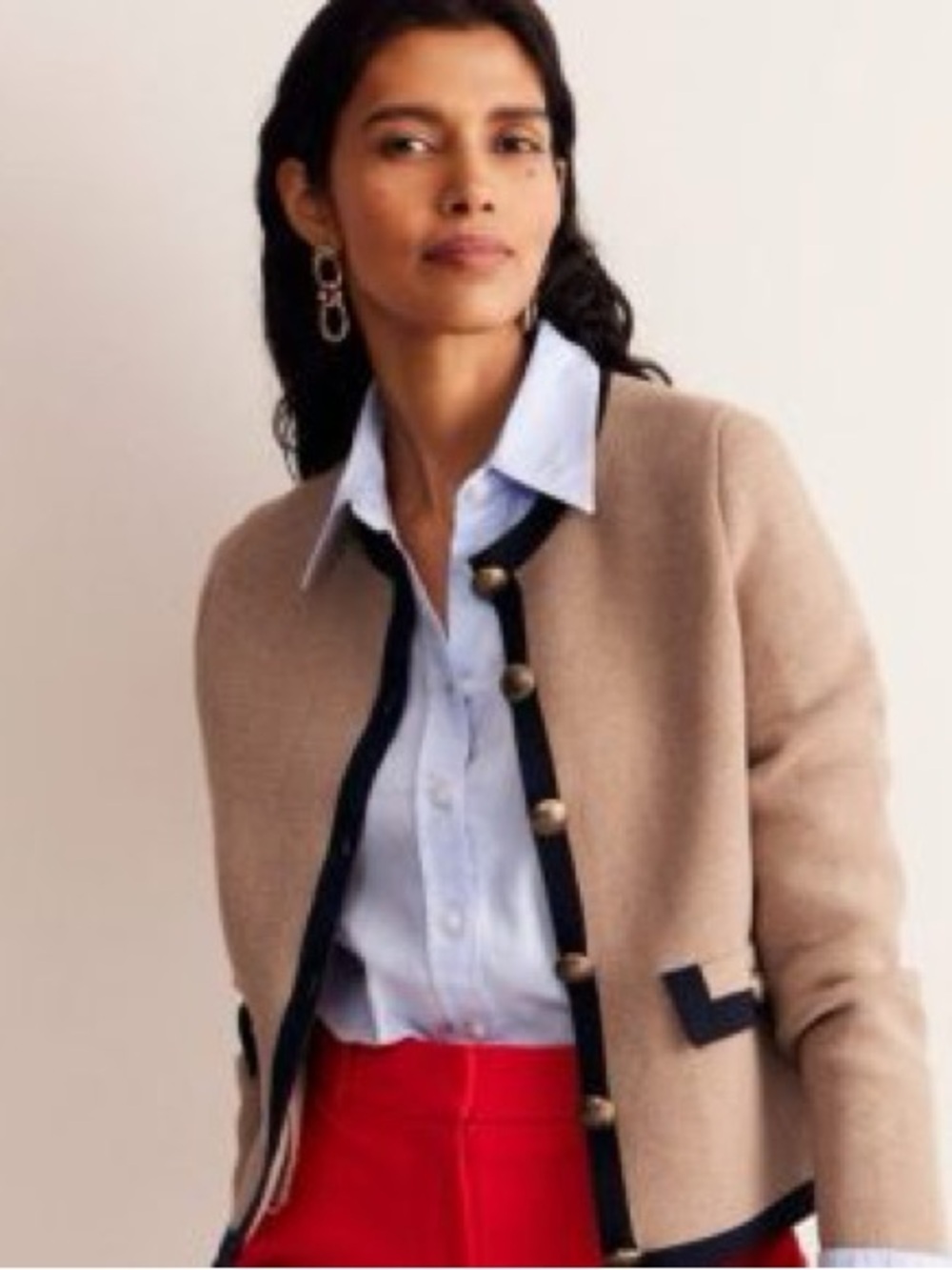 Boden Holly Knitted Cardigan Beige Jacket with Navy Trim and Gold Buttons